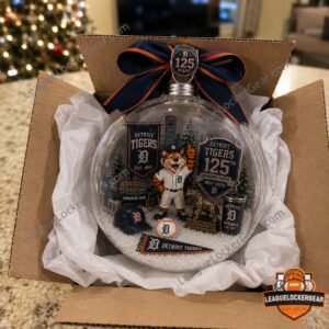 Detroit Tigers 125th Anniversary 1901-2026 Globe Ornament - close-up of mascot and anniversary plaque