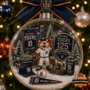 Detroit Tigers 125th Anniversary 1901-2026 Globe Ornament - full view on Christmas tree