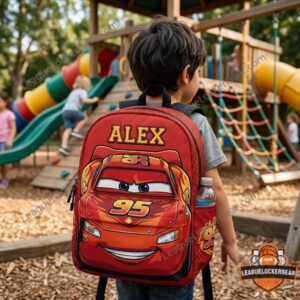 Disney Pixar Cars Lightning McQueen Personalized AOP Backpack - close-up of shoulder strap and top zipper