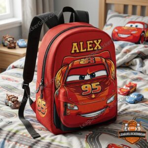 Disney Pixar Cars Lightning McQueen Personalized AOP Backpack - front view in a bedroom setting