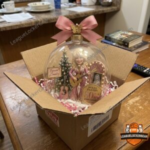 Dolly Parton 80th Anniversary Christmas Globe Ornament - close up of Dolly Parton figurine and microphone