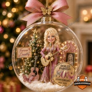 Dolly Parton 80th Anniversary Christmas Globe Ornament - full view with festive background