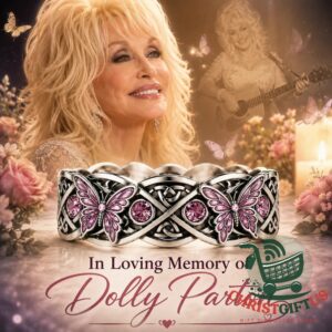 Dolly Parton In Loving Memory Butterfly Ring - front view with pink butterfly stones
