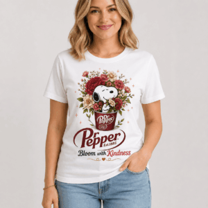 Dr Pepper Snoopy Bloom with Kindness Floral T-Shirt - close-up of front design