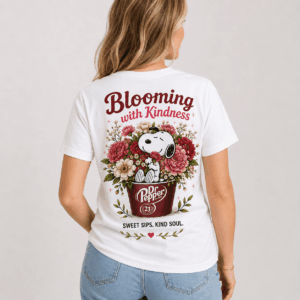 Dr Pepper Snoopy Bloom with Kindness Floral T-Shirt - close-up of back design