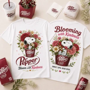 Dr Pepper Snoopy Bloom with Kindness Floral T-Shirt - two shirts with branded merchandise