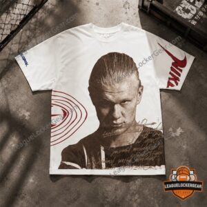 Erling Haaland Travis Scott Cactus Jack Nike New Haircut T-Shirt - close-up of model's face