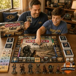 Fallout Collector Edition Monopoly Board Game - detailed view of box, Vault Boy statue, and game cards