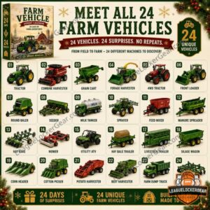 Farm Vehicles 24 Days of Farm Adventures Advent Calendar - illustrated farm vehicle lineup