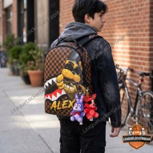 Five Nights at Freddy's Custom Name Alex Shark Mouth Sprayground AOP Backpack - angled view with brand logo