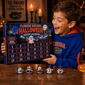 Florida Gators Halloween 2026 Advent Calendar - close-up on the box and top row of ghost figurines