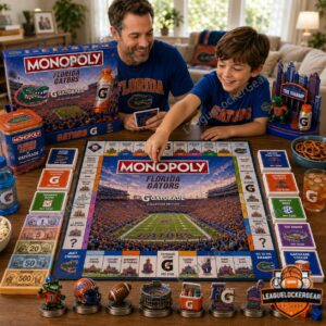 Florida Gators Monopoly Collector Edition Gatorade Board Game - close-up of game box, board, and 3D city piece