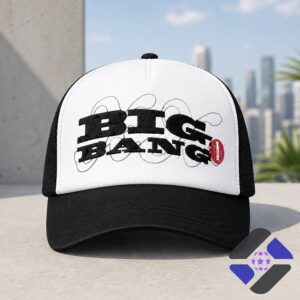 BIGBANG 20th Anniversary Trucker Hat - close-up of the front design and mesh back