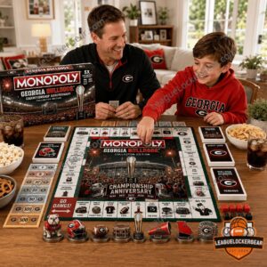 Georgia Bulldogs Monopoly Board Game - close-up of game box and top-right board section