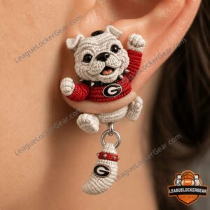 Georgia Bulldogs Crochet Mascot Dangle Earring - close-up of the mascot's lower body and dangling leg