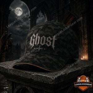 Ghost Gothic Ritual Camo Cap - close-up of the front showing the gothic 'Ghost' text and camo pattern