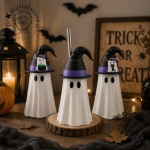 Ghost Spooky Halloween Can Cooler Beverage Holder 2026 - close-up front view with lamp and books