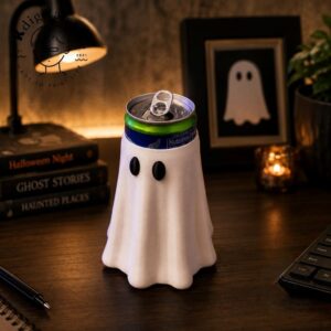 Ghost Spooky Halloween Can Cooler Beverage Holder 2026 - front view on a desk with books