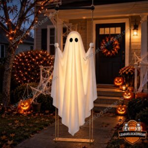 Ghostswing 2026 Halloween Hanging Light-Up Ghost Decoration - upper left view with moon