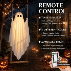 Ghostswing 2026 Halloween Hanging Light-Up Ghost Decoration - upper right view with porch light