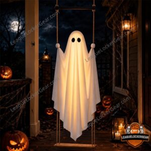 Ghostswing 2026 Halloween Hanging Light-Up Ghost Decoration - full view on a spooky porch