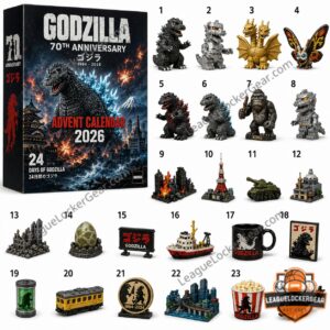 Godzilla 70th Anniversary Advent Calendar 2026 - box and all 23 collectible items displayed