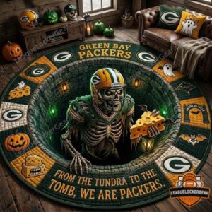 Green Bay Packers Halloween Round Rug - full view in a cozy room setting