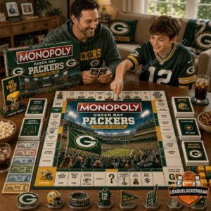 Green Bay Packers Monopoly Board Game - box, stadium model, and event cards