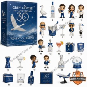 Grey Goose 30th Anniversary Advent Calendar 2026 with 24 themed items display