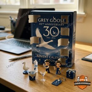 Grey Goose jigger, martini glass, figurines, cooler, and shot glass from calendar