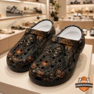 Grim Reaper Dark Harvest Halloween Crocs Clogs - close-up of left clog and box top