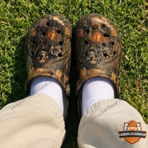 Grim Reaper Dark Harvest Halloween Crocs Clogs - close-up of left clog design details