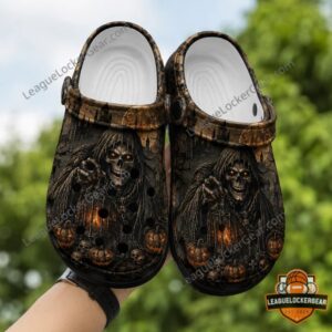 Grim Reaper Dark Harvest Halloween Crocs Clogs - close-up of right clog and hang tag