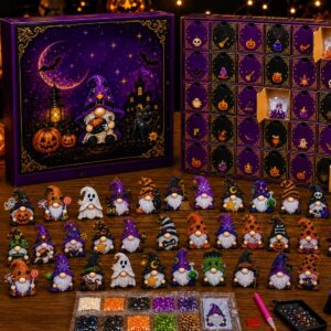 Halloween Gnomes Diamond Art Advent Calendar Kit box and the top rows of gnome ornaments