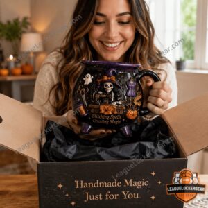 Halloween Witch Skeleton Sewing Spells Creating Magic Cauldron Mug - close-up of handle and dress form