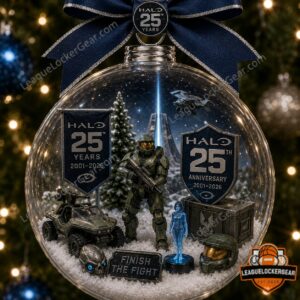 Halo 25th Anniversary 2001-2026 Globe Ornament - full view hanging on a Christmas tree