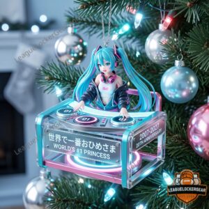 Hatsune Miku 2007-2027 20th Anniversary Christmas Ornament - close-up on Miku and top of DJ console