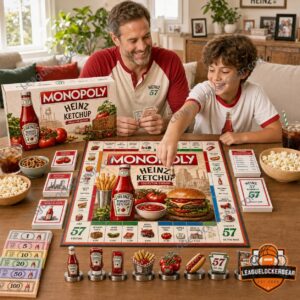 Heinz Ketchup Monopoly Board Game - close-up of game board, deed cards, and game pieces