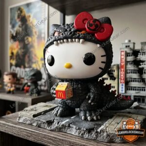 Hello Kitty Godzilla figure - close-up of left side of face and Godzilla head