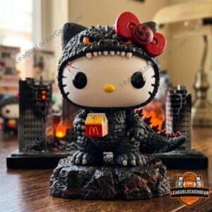Hello Kitty Godzilla figure - close-up of face, radioactive bow, and Godzilla head