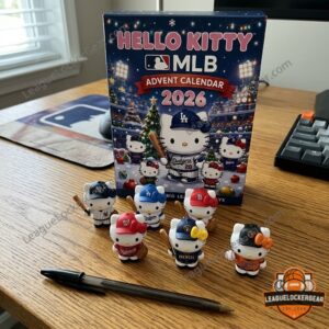 Hello Kitty MLB 2026 Advent Calendar - middle row of Hello Kitty figures and calendar box