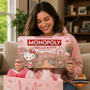 Hello Kitty Monopoly 2026 Board Game - close up of game box, tin, and game cards