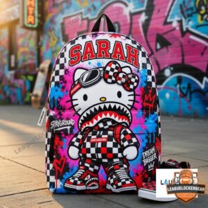 Hello Kitty Personalized Sarah Sprayground AOP Graffiti Backpack - full view with matching shoes