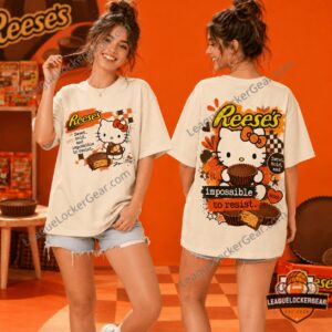 Hello Kitty Reese's Sweet Irresistible T-Shirt - close-up front design with Reese's cup