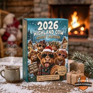 Highland Cow 2026 Advent Calendar With 24 Items - close-up of the box front showing the year