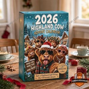 Highland Cow 2026 Advent Calendar With 24 Items - upper right section with figures and Christmas tree
