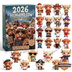 Highland Cow 2026 Advent Calendar With 24 Items - central view of the box and top two rows of figures