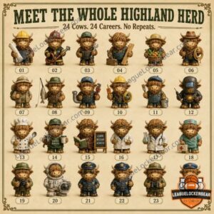 Highland Cow 2026 Careers Advent Calendar - close view of occupational cow figurines