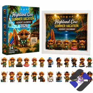 Highland Cow Summer Vacation Advent Calendar with display case and all figures