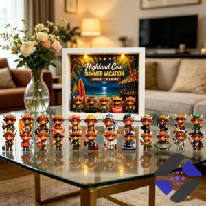Bottom row of eleven unique Highland Cow Summer Vacation collectible figures